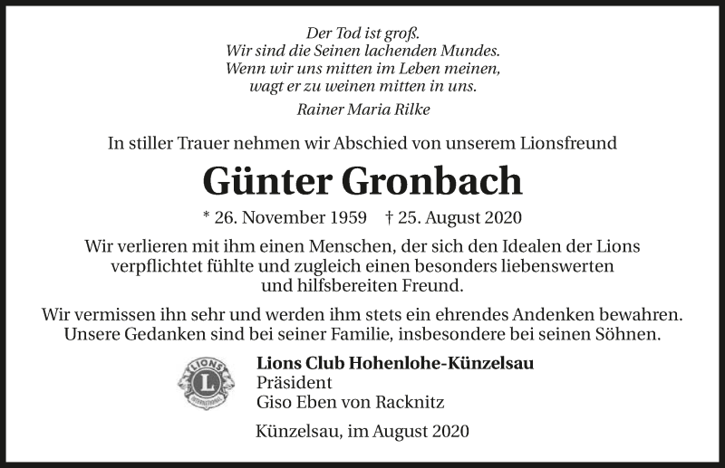  Traueranzeige für Günter Gronbach vom 31.08.2020 aus GESAMT
