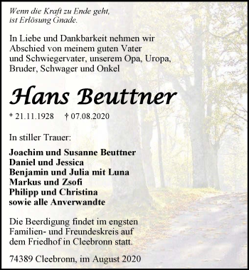 Traueranzeige von Hans Beuttner von GESAMT