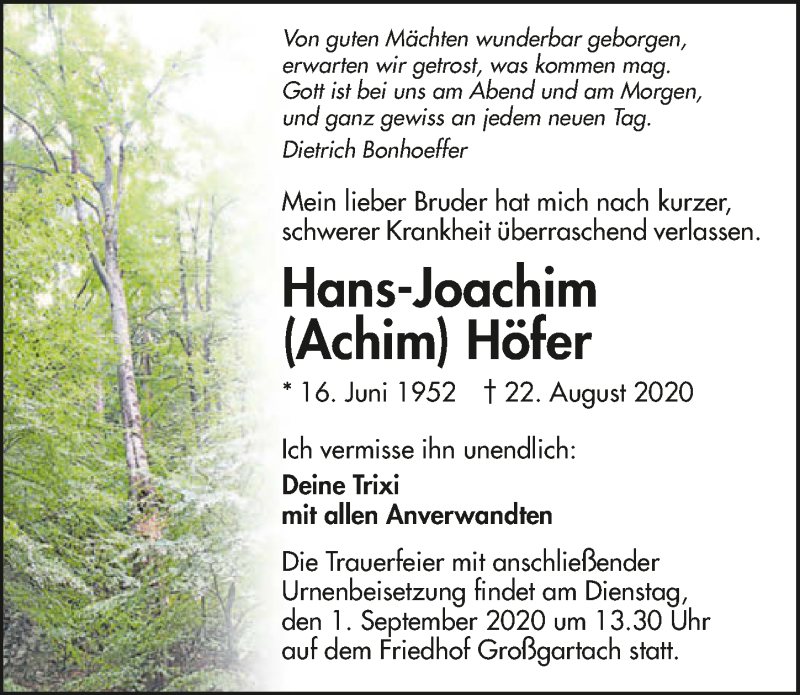  Traueranzeige für Hans-Joachim Höfer vom 29.08.2020 aus GESAMT