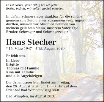 Traueranzeige von Hans Stecher von GESAMT