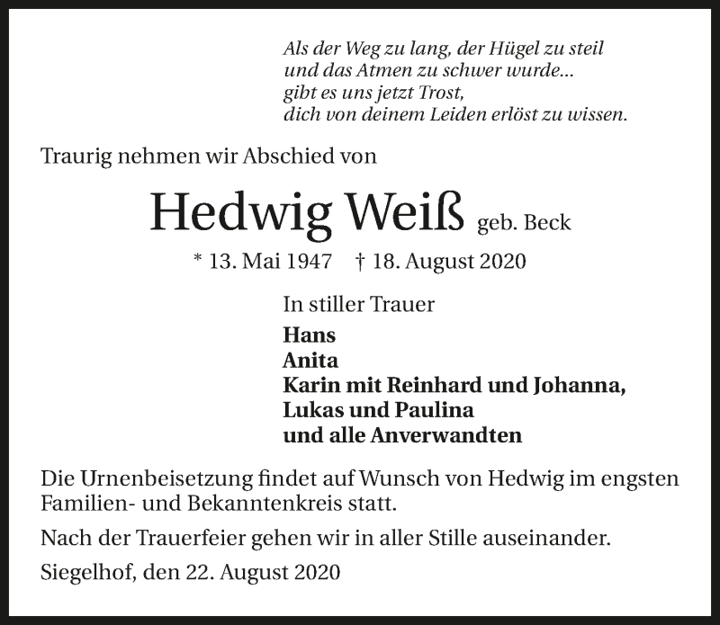  Traueranzeige für Hedwig Weiß vom 22.08.2020 aus GESAMT