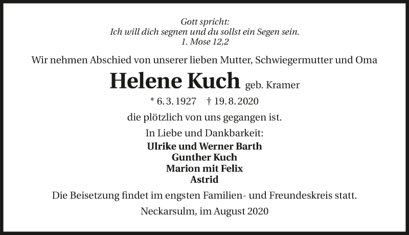  Traueranzeige für Helene Kuch vom 25.08.2020 aus GESAMT