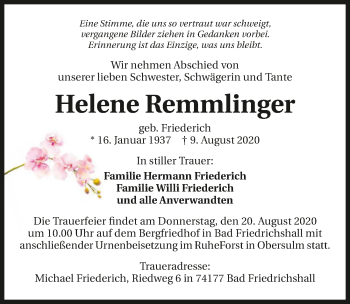 Traueranzeige von Helene Remmlinger von GESAMT
