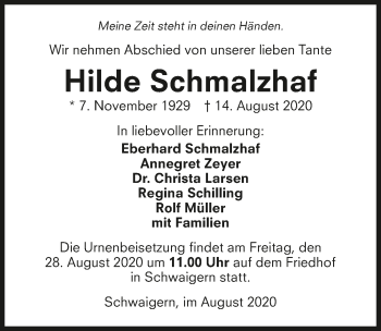 Traueranzeige von Hilde Schmalzhaf von GESAMT
