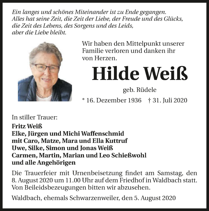  Traueranzeige für Hilde Weiß vom 05.08.2020 aus GESAMT