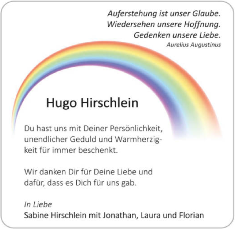  Traueranzeige für Hugo Hirschlein vom 15.08.2020 aus GESAMT