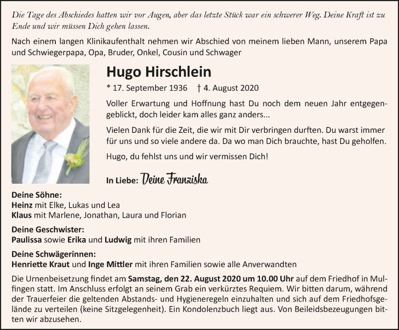  Traueranzeige für Hugo Hirschlein vom 15.08.2020 aus GESAMT