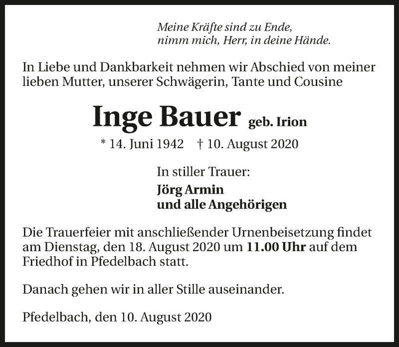  Traueranzeige für Inge Bauer vom 14.08.2020 aus GESAMT
