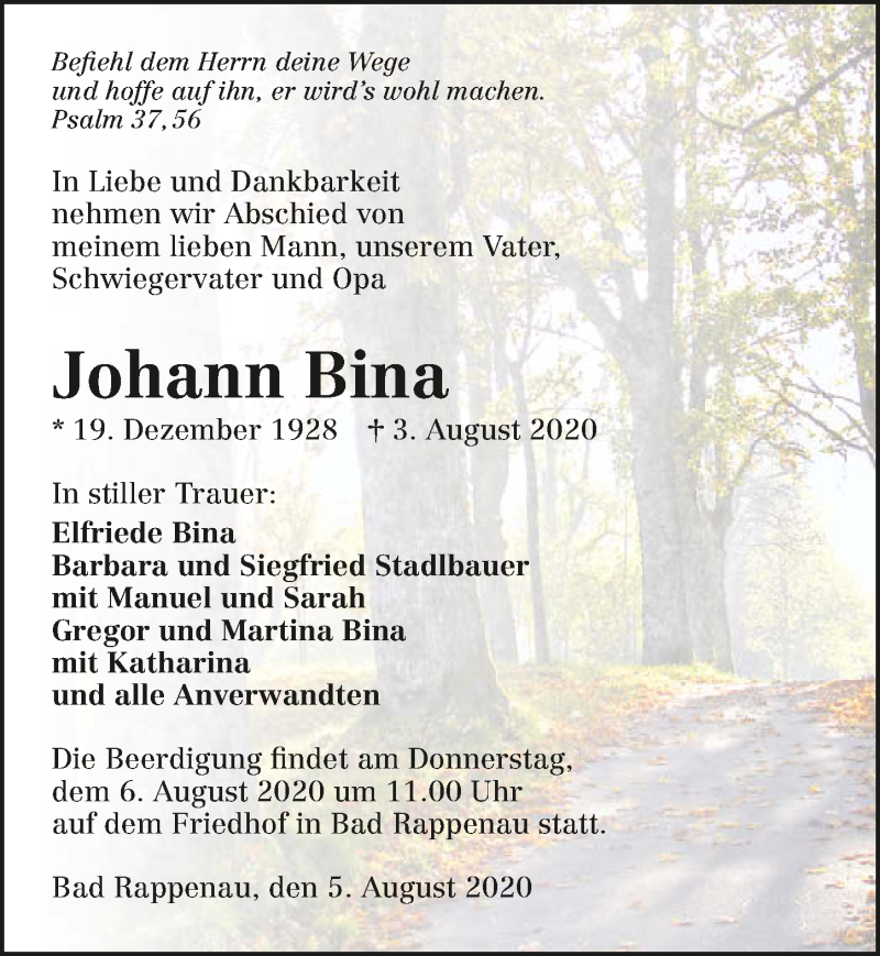  Traueranzeige für Johann Bina vom 05.08.2020 aus GESAMT