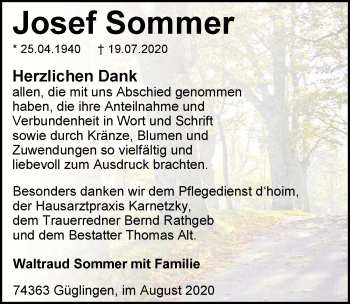 Traueranzeige von Josef Sommer von GESAMT