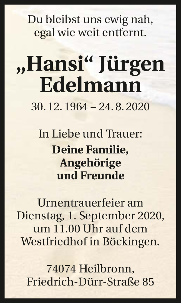  Traueranzeige für Jürgen Edelmann vom 28.08.2020 aus GESAMT