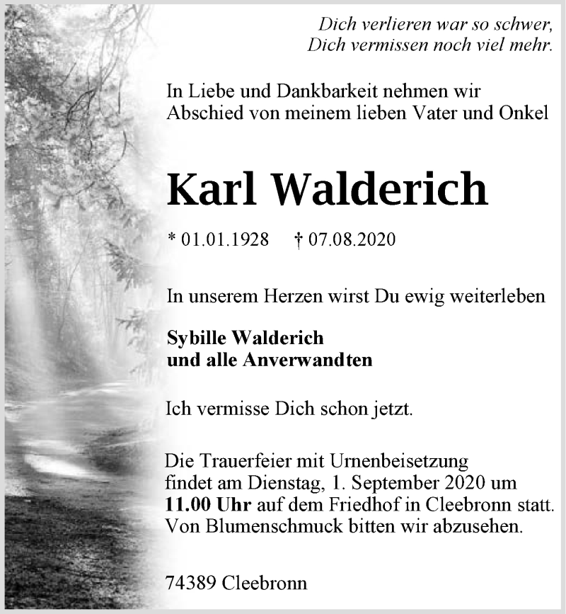  Traueranzeige für Karl Walderich vom 26.08.2020 aus GESAMT