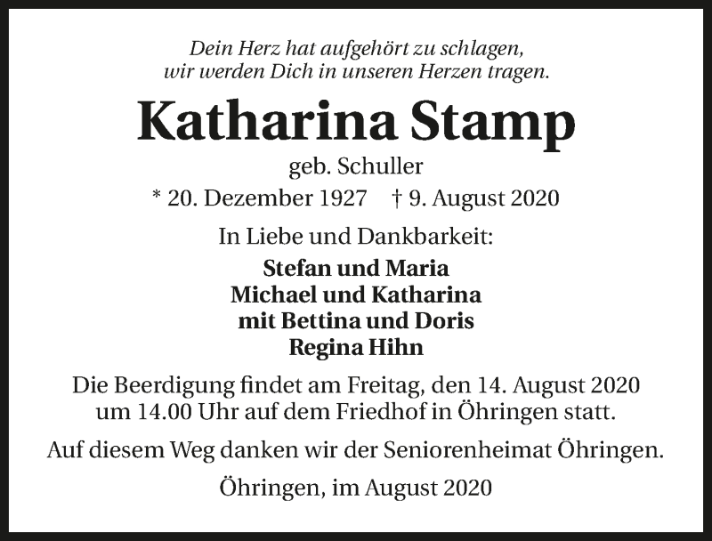  Traueranzeige für Katharina Stamp vom 13.08.2020 aus GESAMT