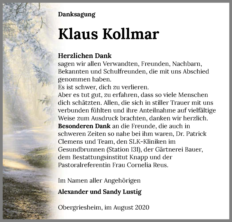  Traueranzeige für Klaus Kollmar vom 08.08.2020 aus GESAMT