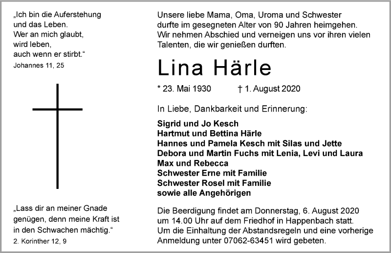  Traueranzeige für Lina Härle vom 04.08.2020 aus GESAMT