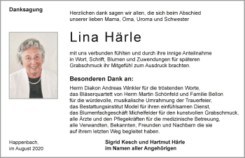 Traueranzeige von Lina Härle von GESAMT