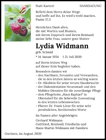 Traueranzeige von Lydia Widmann von GESAMT