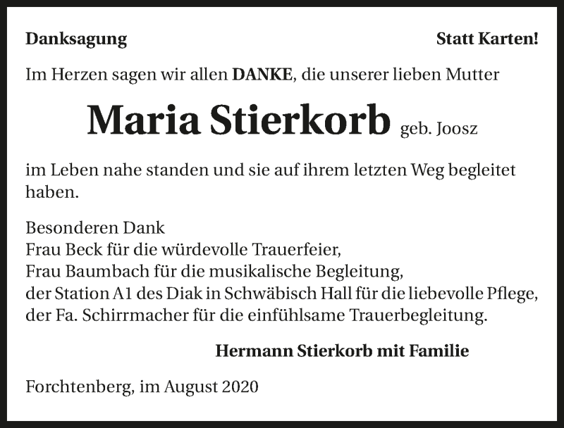  Traueranzeige für Maria Stierkorb vom 24.08.2020 aus GESAMT
