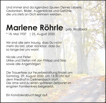 Traueranzeige von Marlene Röhrle von GESAMT
