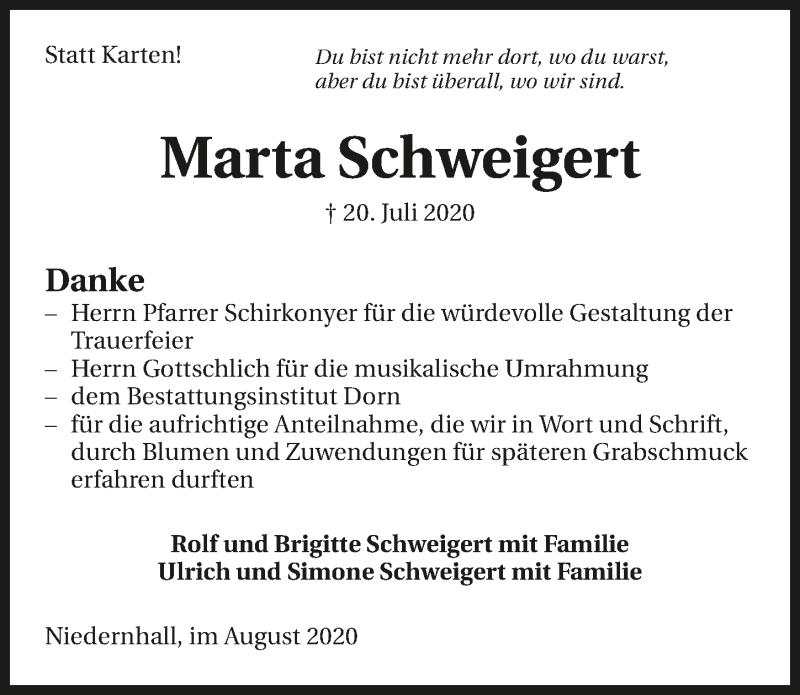  Traueranzeige für Marta Schweigert vom 17.08.2020 aus GESAMT