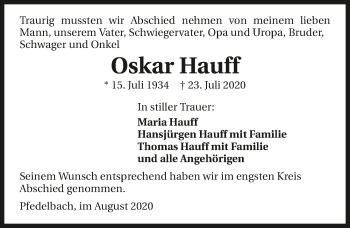 Traueranzeige von Oskar Hauff von GESAMT