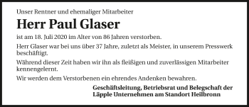 Traueranzeige von Paul Glaser von GESAMT