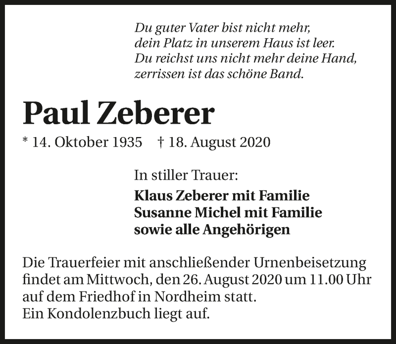  Traueranzeige für Paul Zeberer vom 24.08.2020 aus GESAMT