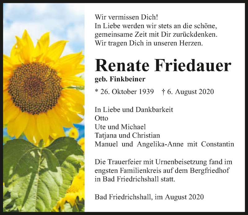  Traueranzeige für Renate Friedauer vom 22.08.2020 aus GESAMT