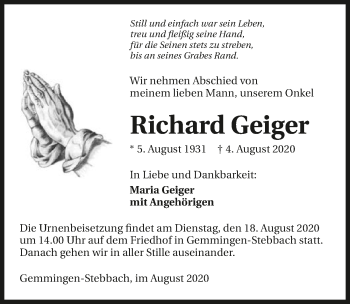Traueranzeige von Richard Geiger von GESAMT