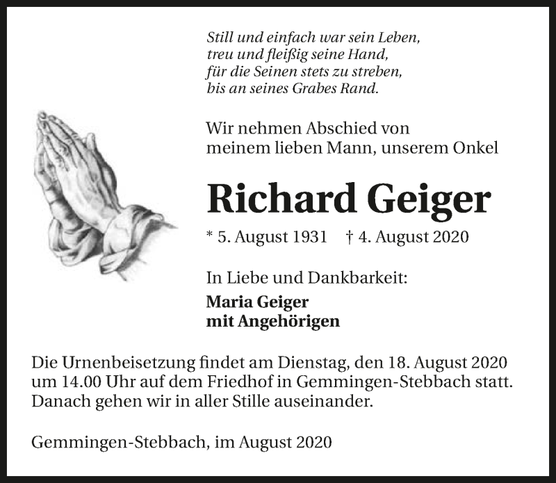 Traueranzeige für Richard Geiger vom 15.08.2020 aus GESAMT