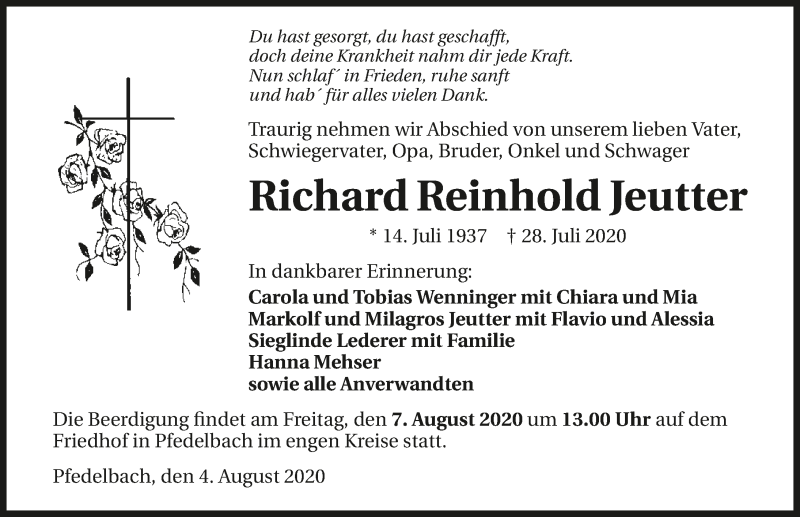  Traueranzeige für Richard Reinhold Jeutter vom 04.08.2020 aus GESAMT