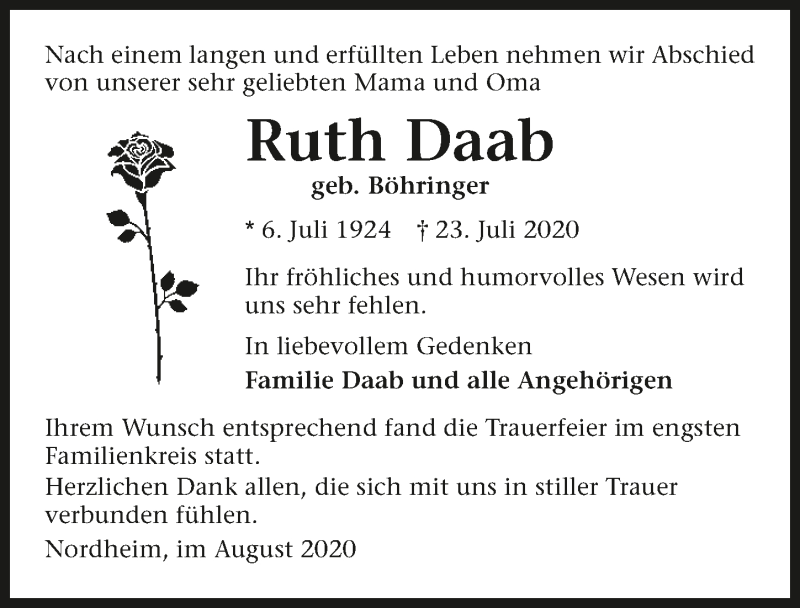  Traueranzeige für Ruth Daab vom 22.08.2020 aus GESAMT