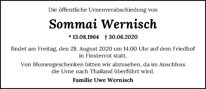  Traueranzeige für Sommai Wernisch vom 22.08.2020 aus GESAMT