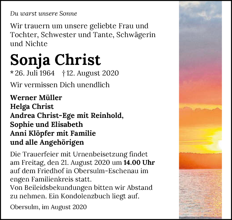  Traueranzeige für Sonja Christ vom 18.08.2020 aus GESAMT