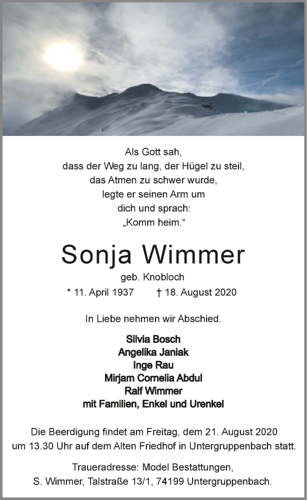  Traueranzeige für Sonja Wimmer vom 20.08.2020 aus GESAMT