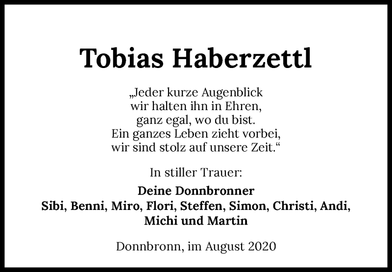  Traueranzeige für Tobias Haberzettl vom 04.08.2020 aus GESAMT