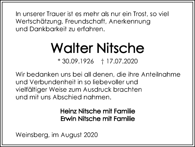  Traueranzeige für Walter Nitsche vom 08.08.2020 aus GESAMT