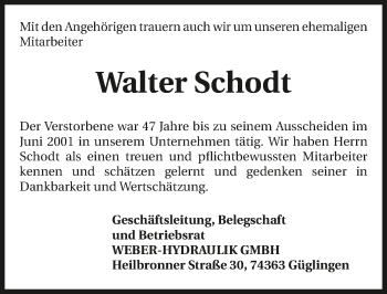 Traueranzeige von Walter Schodt von GESAMT