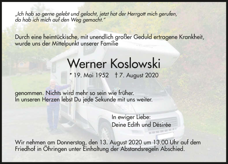  Traueranzeige für Werner Koslowski vom 11.08.2020 aus GESAMT