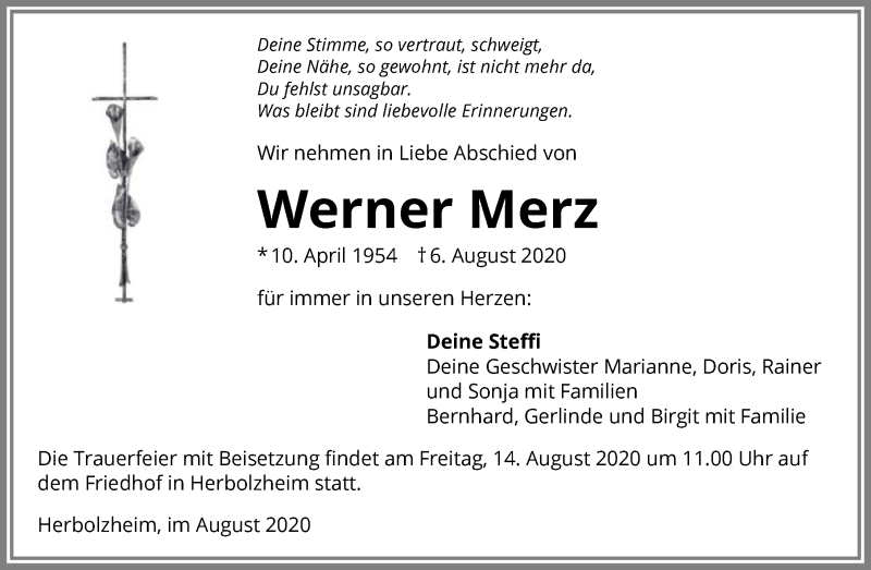  Traueranzeige für Werner Merz vom 11.08.2020 aus GESAMT