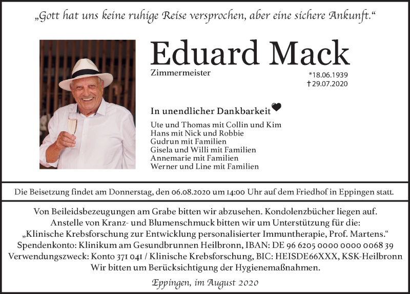  Traueranzeige für Eduard Mack vom 01.08.2020 aus GESAMT