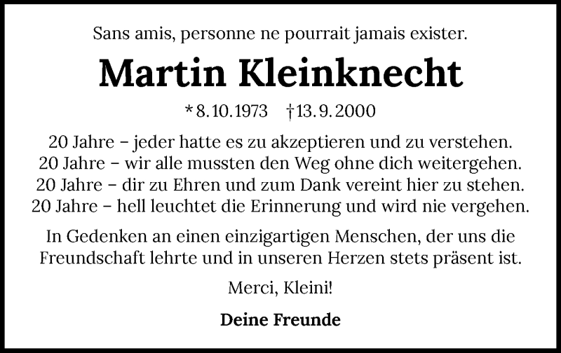  Traueranzeige für Martin Kleinknecht vom 12.09.2020 aus GESAMT