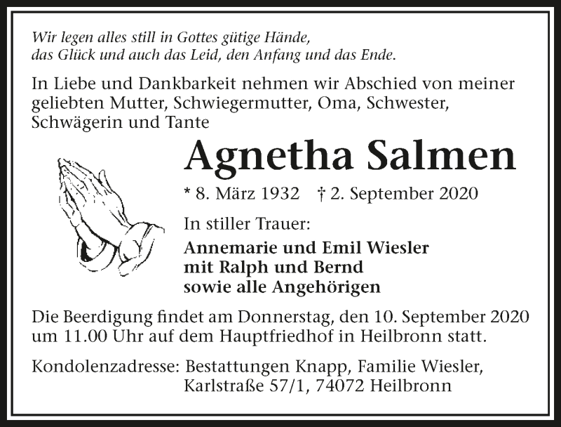  Traueranzeige für Agnetha Salmen vom 05.09.2020 aus GESAMT