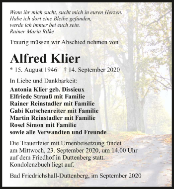 Traueranzeige von Alfred Klier von GESAMT
