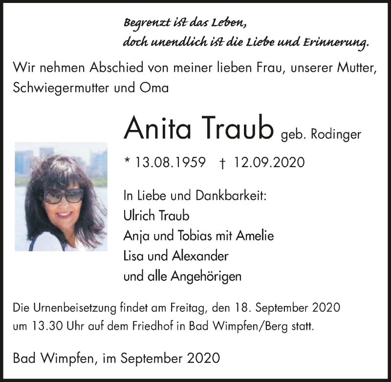  Traueranzeige für Anita Traub vom 16.09.2020 aus GESAMT