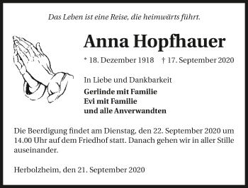 Traueranzeige von Anna Hopfhauer von GESAMT
