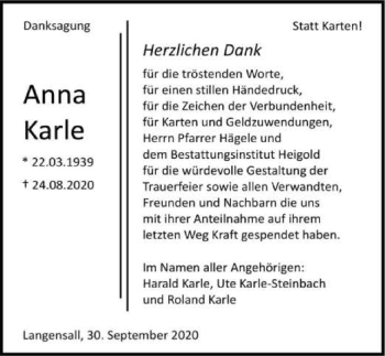 Traueranzeige von Anna Karle von GESAMT