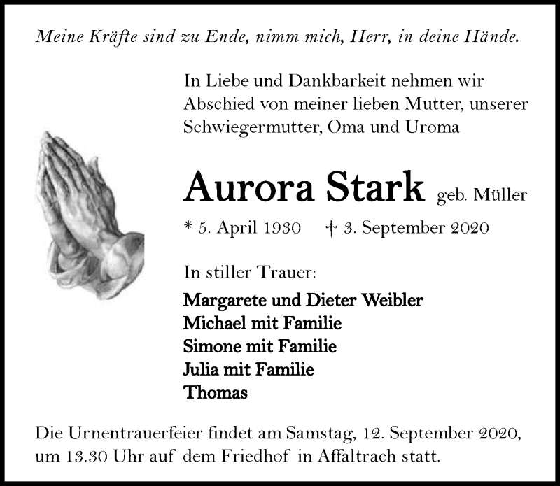  Traueranzeige für Aurora Stark vom 05.09.2020 aus GESAMT