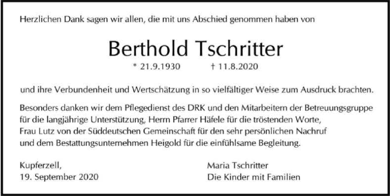  Traueranzeige für Berthold Tschritter vom 19.09.2020 aus GESAMT