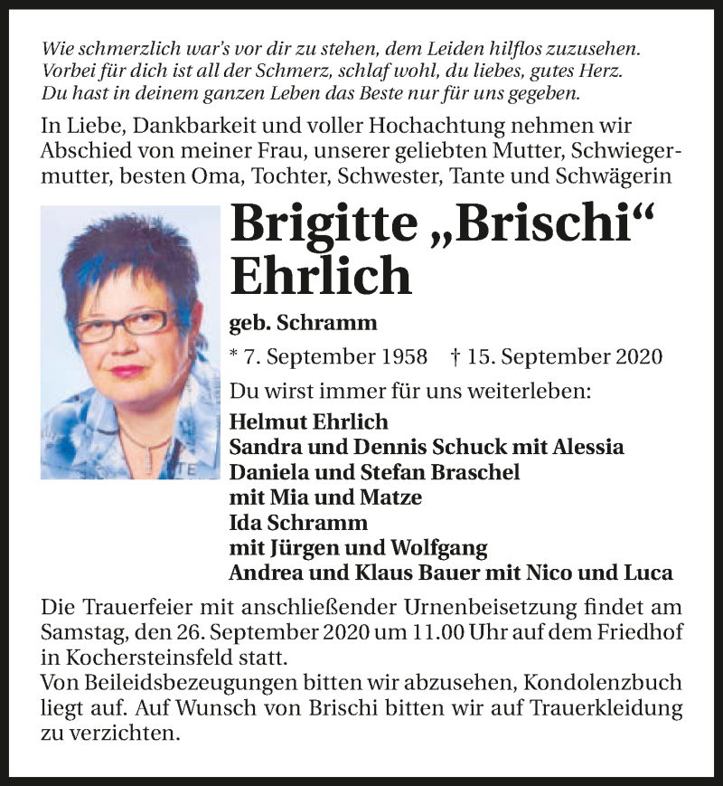  Traueranzeige für Brigitte Ehrlich vom 23.09.2020 aus GESAMT